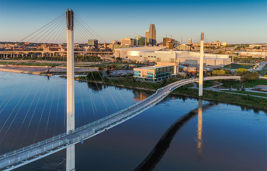 Sun rising over Bob Kerry pedestrian bridge in Omaha, Nebraska